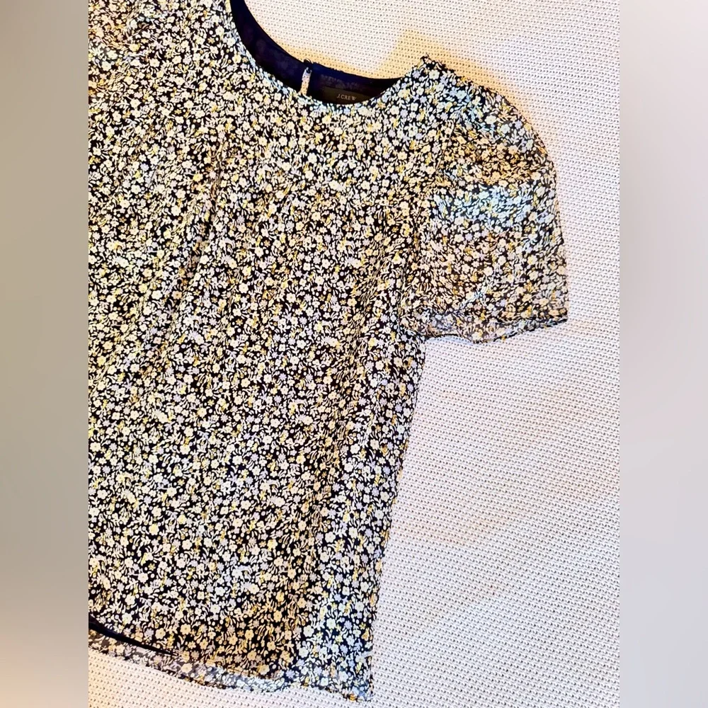 J. CREW Chiffon Silk Gold Metallic Black & White Blouse Floral Top